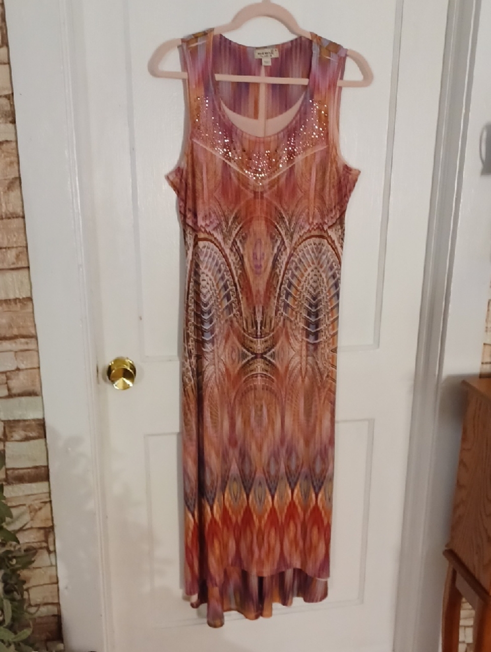 Sleeveless Orange-Pink Patterned Maxi Dress with Embellished Neckline